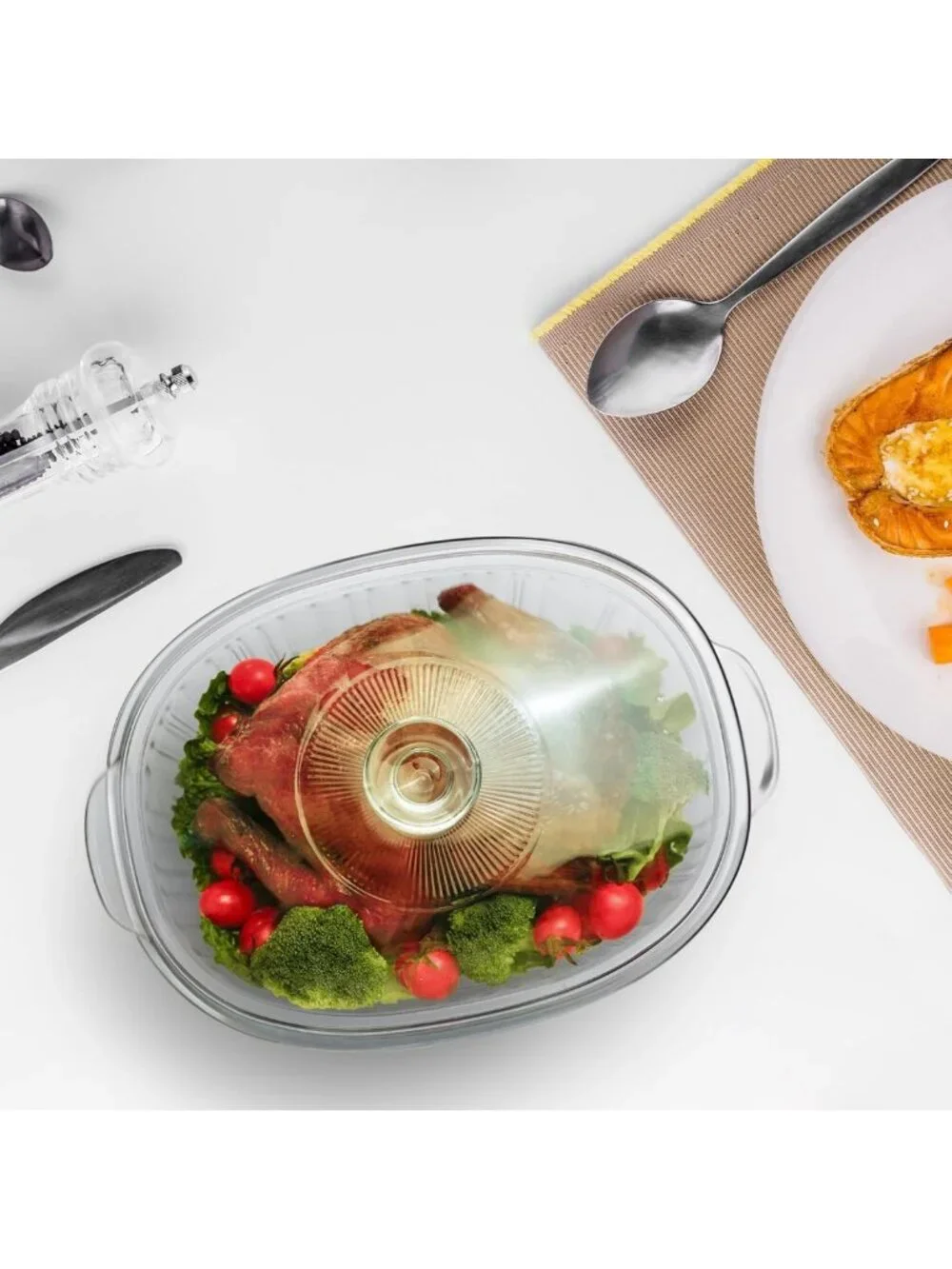 2.8L Glass Casserole Dish with Lid - Ribbed Oval Baking Dish for Oven